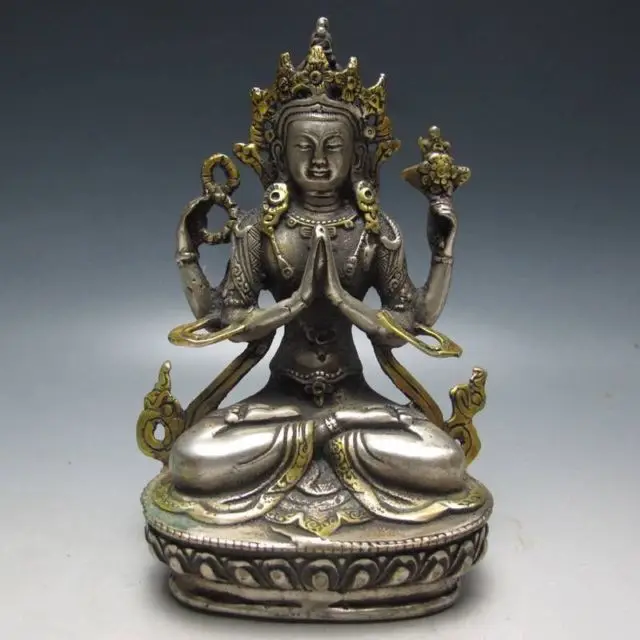 Elaborate Chinese Tibetan Silver Gold-plated Buddha Tibetan Buddhism Statue