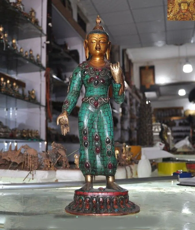 

wedding decoration Old Tibet Buddhism bronze Inlay turquoise gem Sakyamuni Tathagata Buddha statue