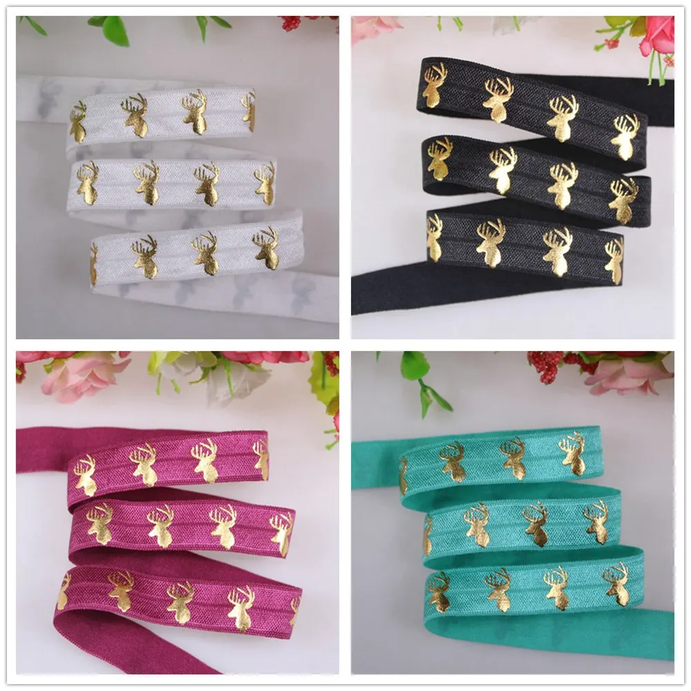 

5/8" Gold Foil Christmas Reindeer Head Printed FOE Fold Over Elastic Ribbon For Hair Accessories 50Yards