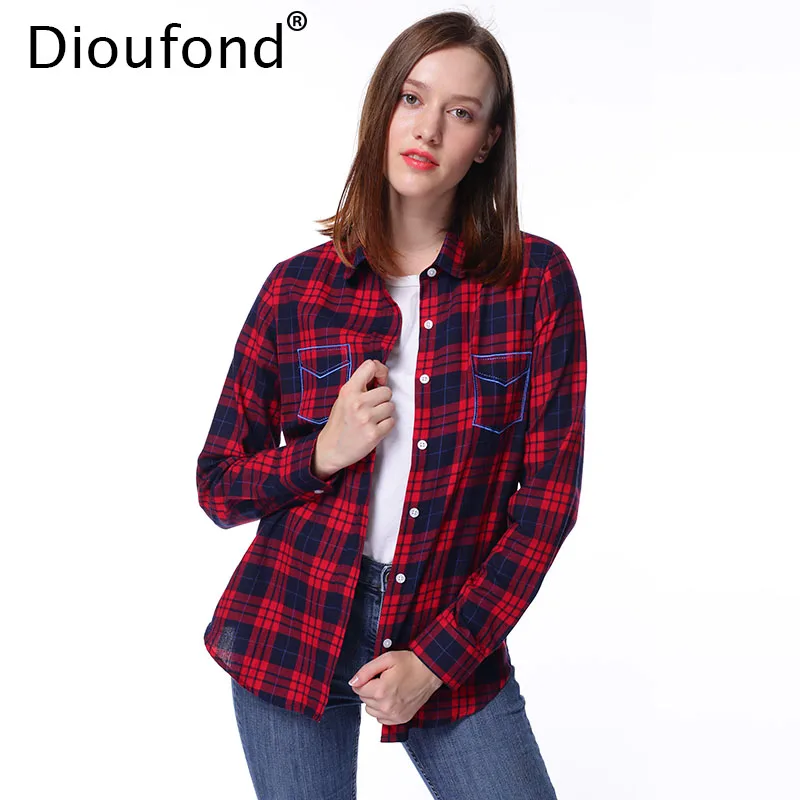 Женская фланелевая рубашка Dioufond клетчатая с вышитым карманом и длинным рукавом