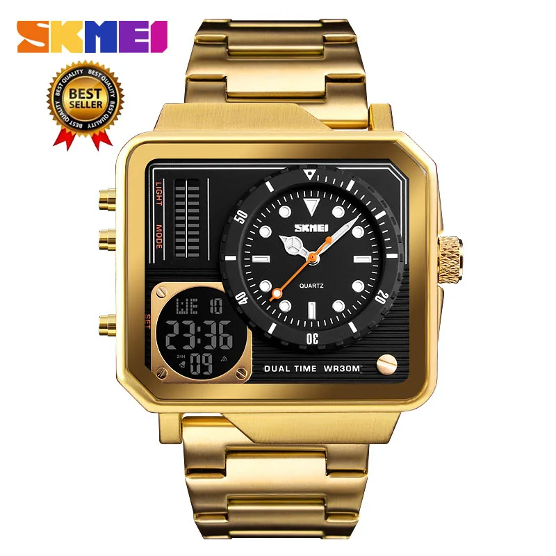 gold Топ Роскошные Для мужчин s часы SKMEI Марка Спорт Цифровые кварцевые часы Для мужчин Нержавеющая сталь ремень Водонепроницаемый Повседневное часы мужской 1392 - Цвет: gold