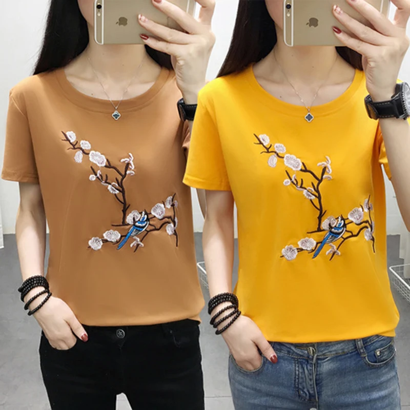 Женская хлопковая Футболка с вышивкой повседневная Элегантная футболка