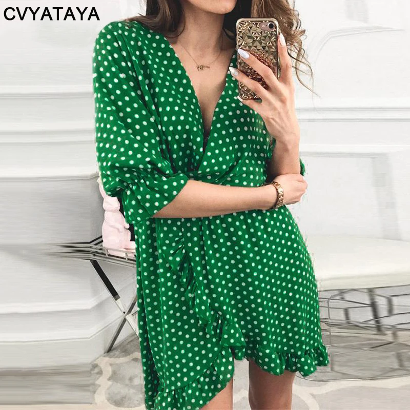 Сексуальное мини платье в горошек с глубоким v образным вырезом женское летнее