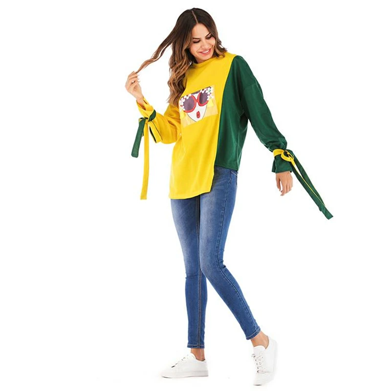 

OllyMurs Printed Contrast Color Women Hoodies Sweatshirts Long Sleeve Warm Pullover Ladies Bow Tops Casual Clothing Autumn Winte