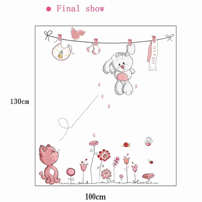 Милая висячая одежда съемная Настенная Наклейка с кроликом и котом для детского