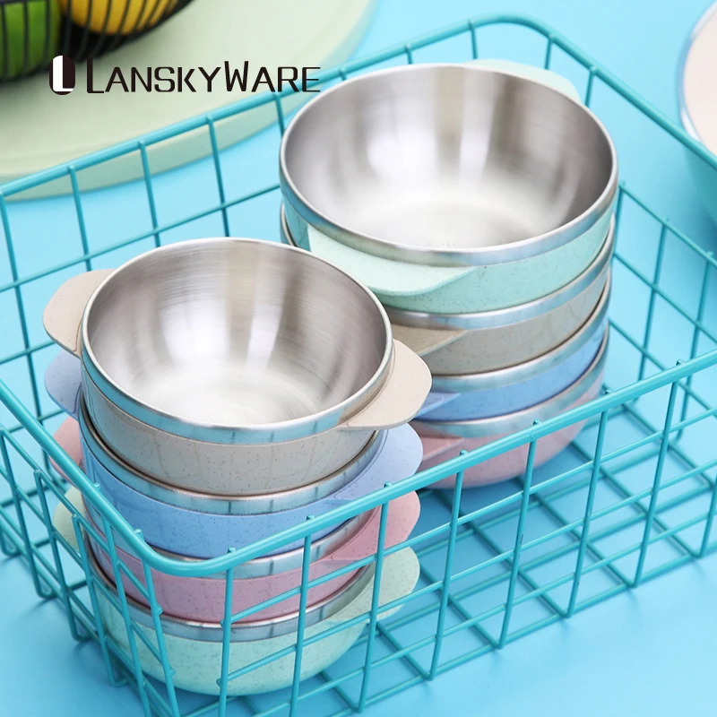 LANSKYWARE, детская миска из пшеничной соломы, кухонная миска из нержавеющей стали 304, миска для супа, риса, салата, для детей, для пикника, контейнер для фруктов, еды, коробка