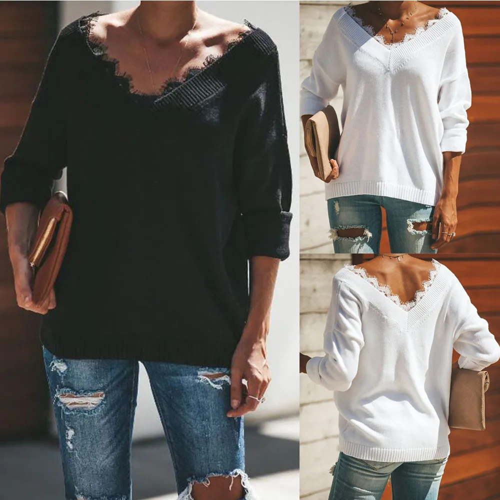 YOUYEDIAN женские сплошные кружевные лоскутные свитера с длинным рукавом с v-образным вырезом вязаный свитер Топы