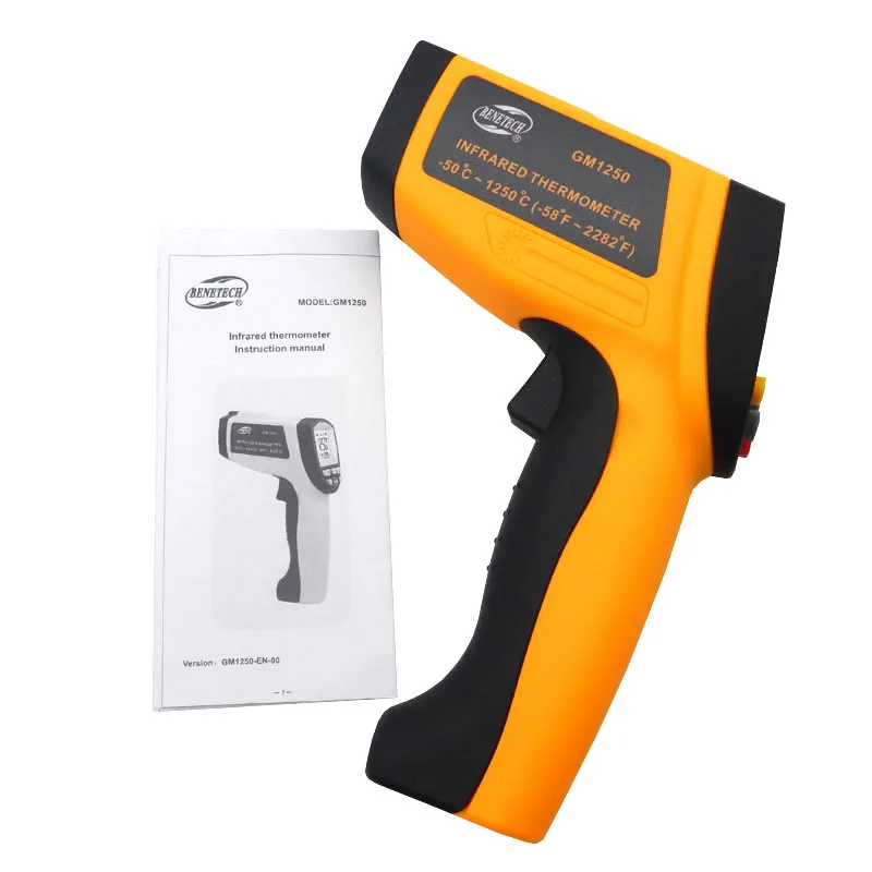 

Digital Non contact infrared thermometer GM1250 Temperature Pyrometer IR Laser Point Gun EMS 0.1-1.0 -50~1250C(-58~2282F)