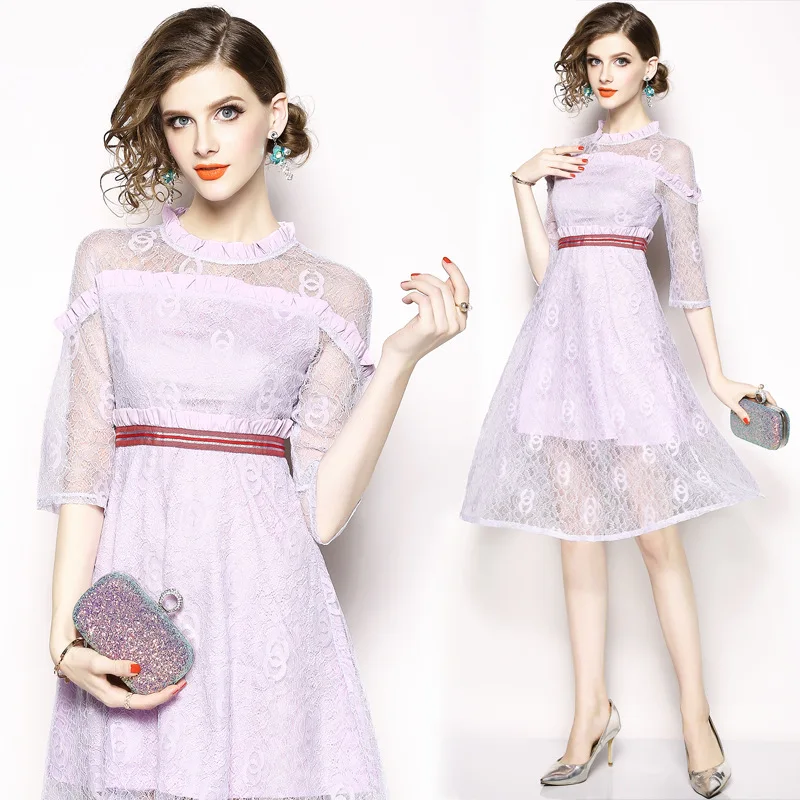 2018 new women's autumn light purple dresses ladies' seven-point sleeves lace slim fashion long dress | Женская одежда