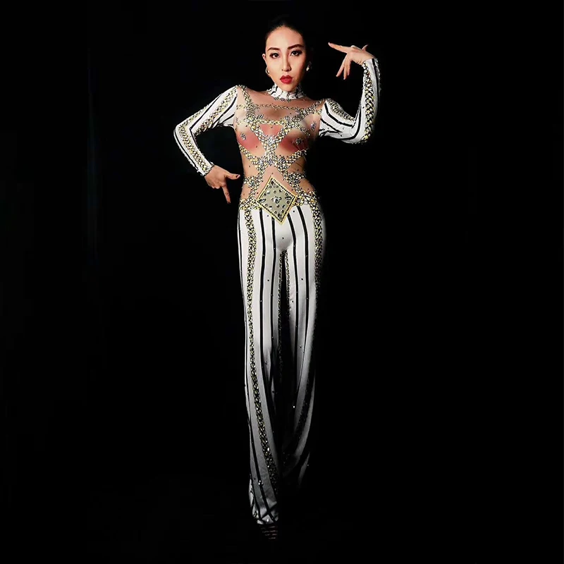 

Stripe Rhinestone Sexy Zentai BodySuit Jazz Dance For Lady Nightclub JumpsuitBar Dj Pole Dancer Women Stage Costume DJ255