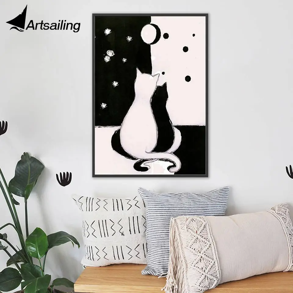 ArtSailing Abstract Nordic canvas art Cute Cat Lovers in Moon Pictures for Living Room modern Painting Home decoration posters | Дом и сад