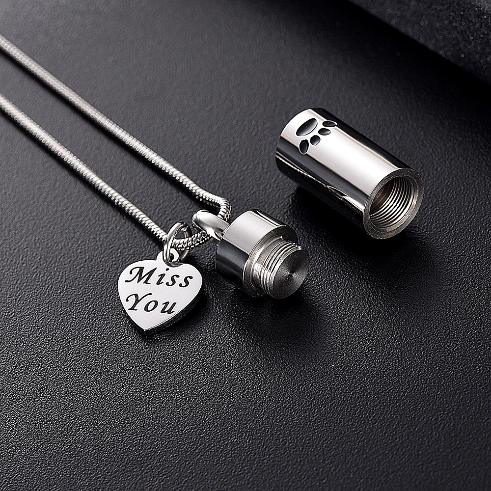 

JJ11937 Loss Of Pet Memorial Jewelry -Miss You Dog Paw Print Cylinder Stainless Steel Cremation Urn Necklace For Ashes /Funnel