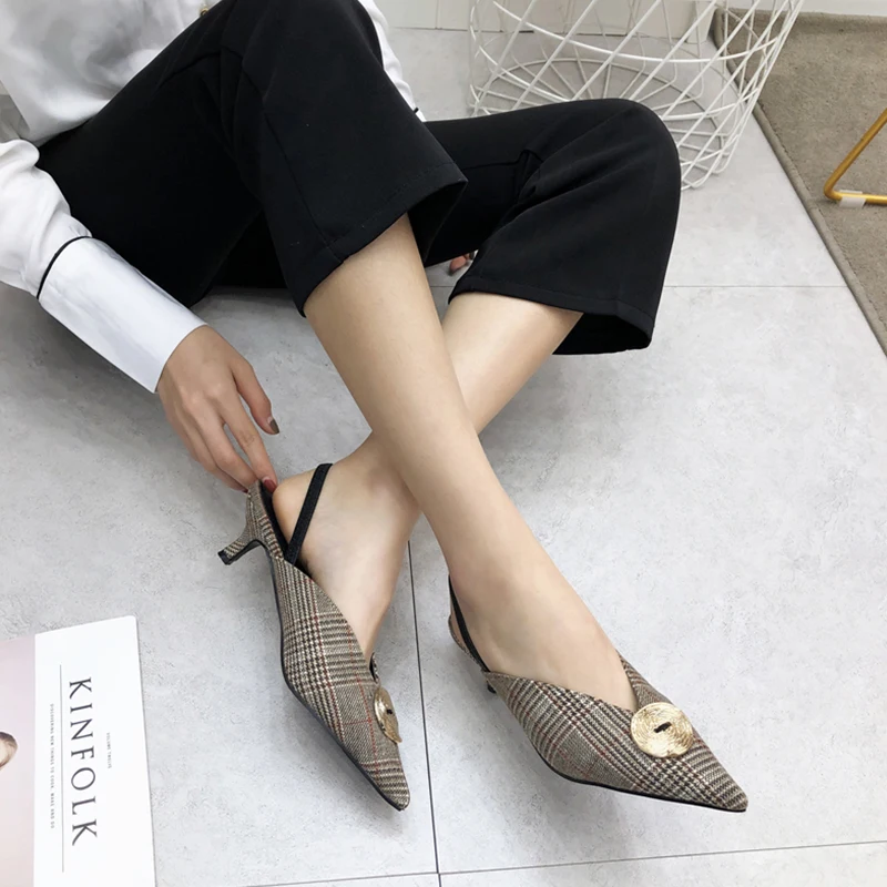MONMOIRA металлические пряжки плед Slingback каблуки Женская обувь с острым носком Обувь