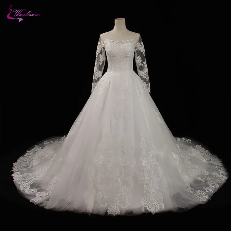 

Waulizane Hot Sale Shiny Embroidery Tulle Scoop A-Line Wedding Dress Appliques Lace Full Sleeves With Button Vintage Bride Dress