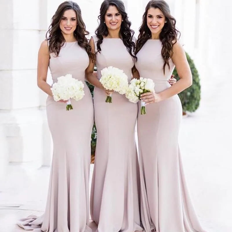 Elegant Mermaid Bridesmaid Dress Scoop Neck Champagne Long Bride Maid Of Honor Party Elastic Satin Wedding | Свадьбы и торжества