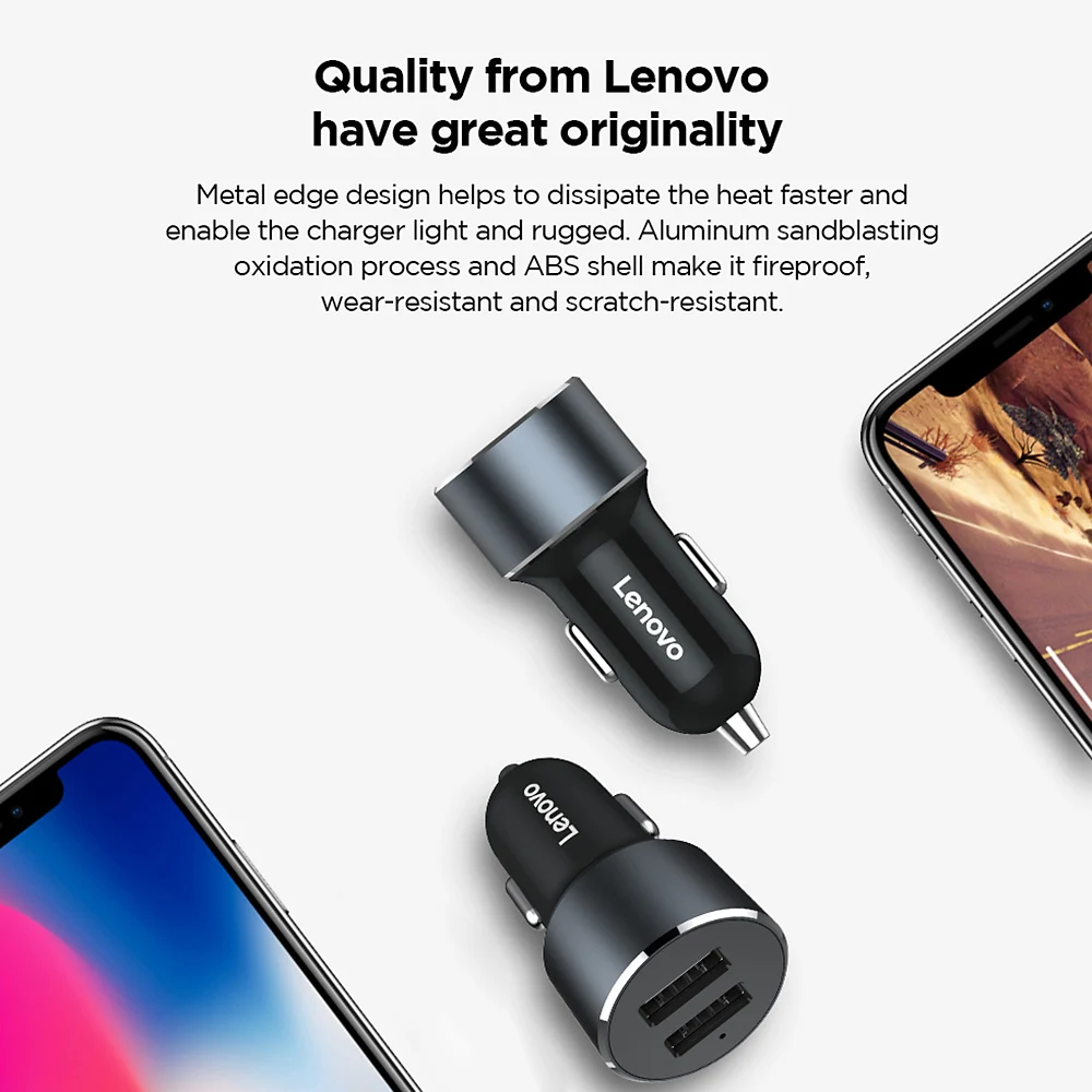 Lenovo HC12 умных зарядных порта USB для автомобиля Зарядное устройство 2-Порты и разъёмы 2.4A кабель для быстрой зарядки с металлической AC/DC 12-24V Dual USB Автомобильное зарядное устройство для зарядки для бытовой электроники