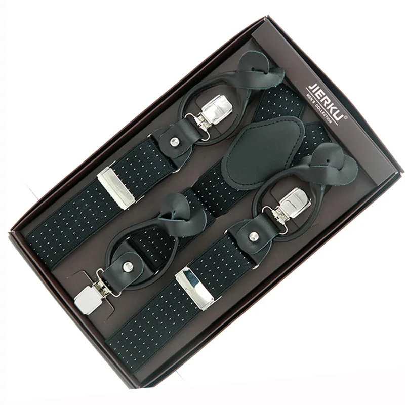 black with white dot JIERKU подтяжки из натуральной кожи мужские подтяжки 3 зажима подтяжки на кнопках брюки ремень подарок для отца/мужчины - Цвет: black with white dot