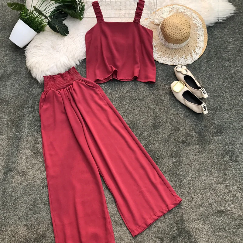 Красный ALPHALMODA/ Летняя женская Свободная майка+ широкие брюки, повседневный комплект из 2 предметов, однотонный наряд с шортами, брюки, комплект из 2 предметов - Цвет: Красный