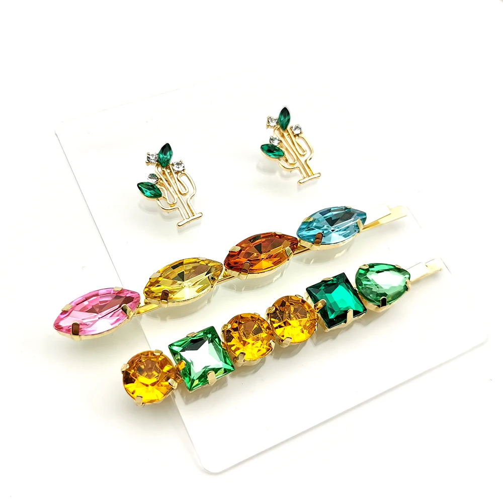 colorful rhinestones hair cilp stud earrings set mermaid starfish cactus bling high quality hairpins fashion headdress | Украшения и