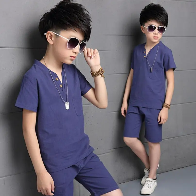 High quality children's suit 2019 summer new Korean boy big fashion solid color V-neck cotton and linen two-piece |