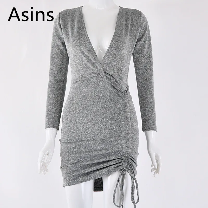 Платье женское демисезонное однотонное с v образным вырезом и длинным