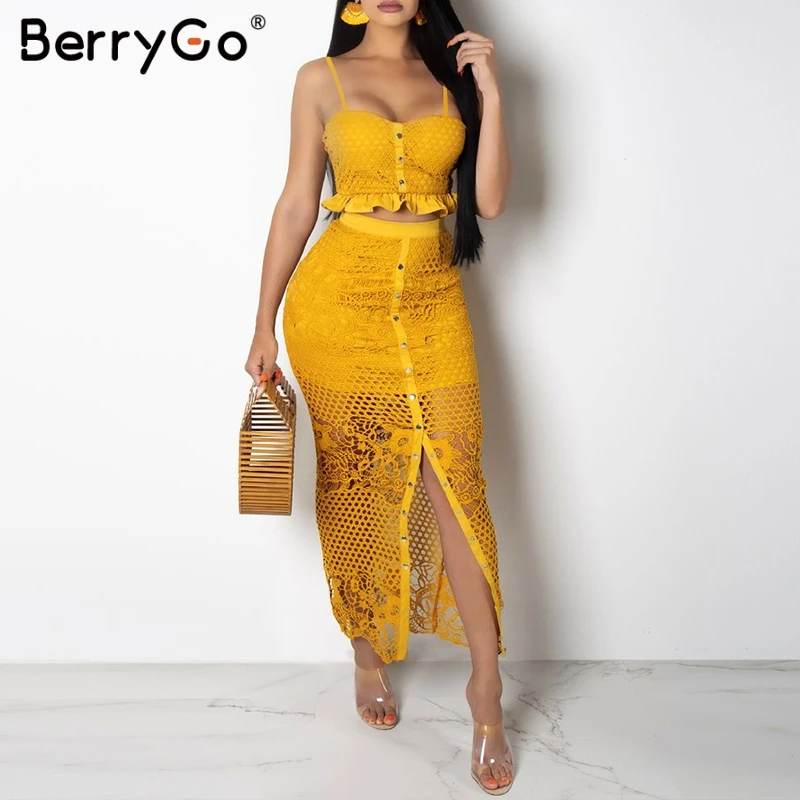 Женское кружевное платье BerryGo ажурное из двух частей на тонких бретельках