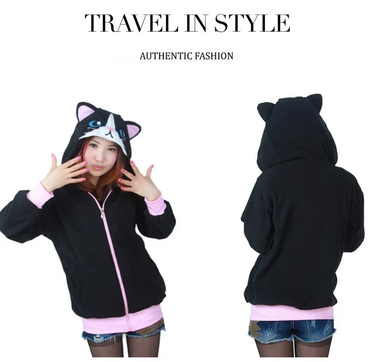 Cartoon Black Cat Sweatshirts Long sleeve with zipper hat Cosplay Costume Men Women Hoodies Animal | Женская одежда