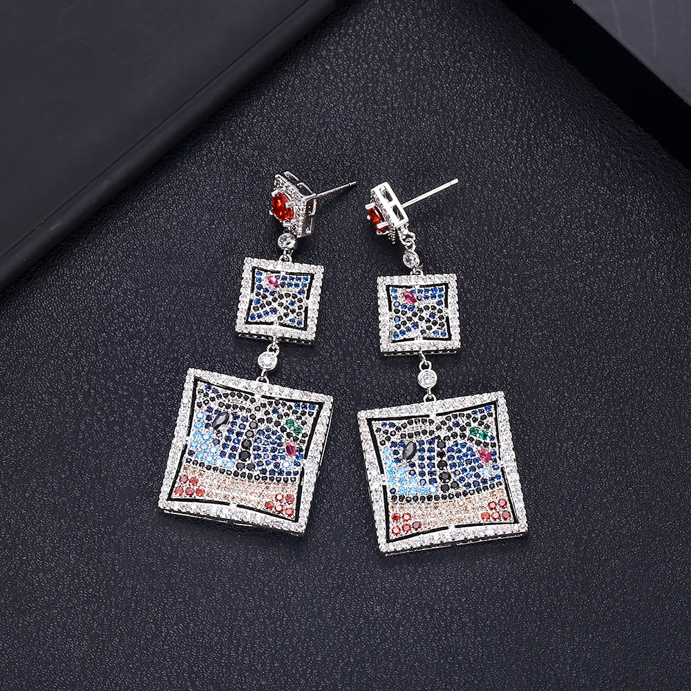 JANKELLY luxury mix color square Shape Earrings Cubic Zirconia Women Wedding Big Earrings Bijoux