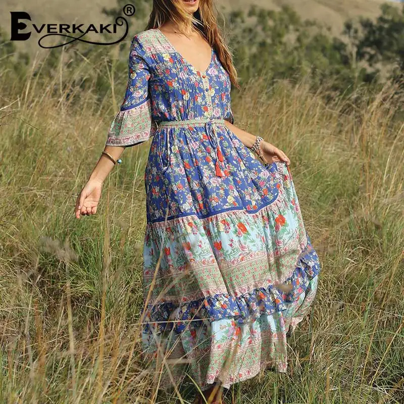 Женское платье с цветочным принтом Everkaki Boho, v-образный вырез, регулируемый пояс, половина рукава, длинное платье в стиле бохо, женское платье, лето-осень - Цвет: Blue