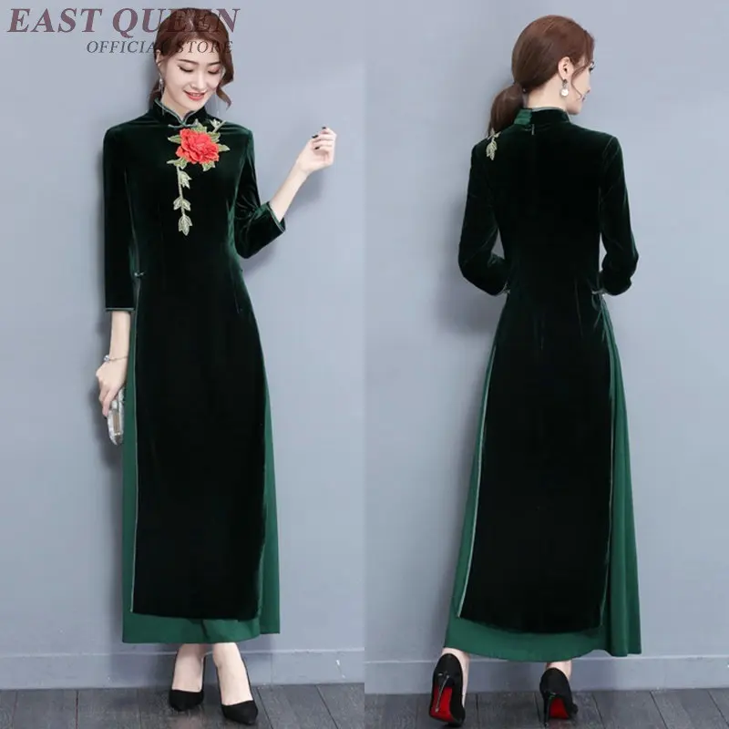

Traditional Chinese women cheongsam qipao elegant embroidered velour high quality oriental Chinese cheongsam women AA3409 F