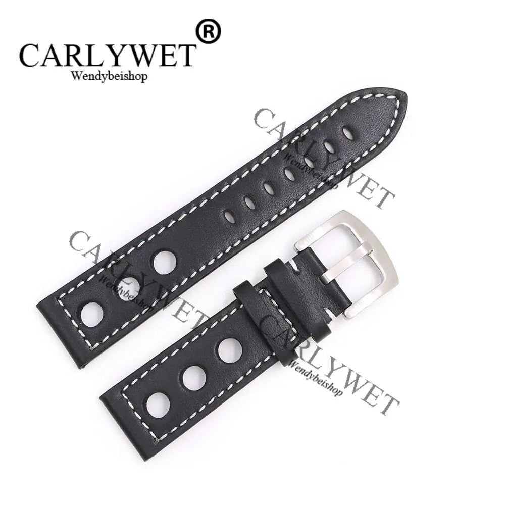 CARLYWET 22 мм натуральная телячья кожа ручной работы черный с белыми стежками