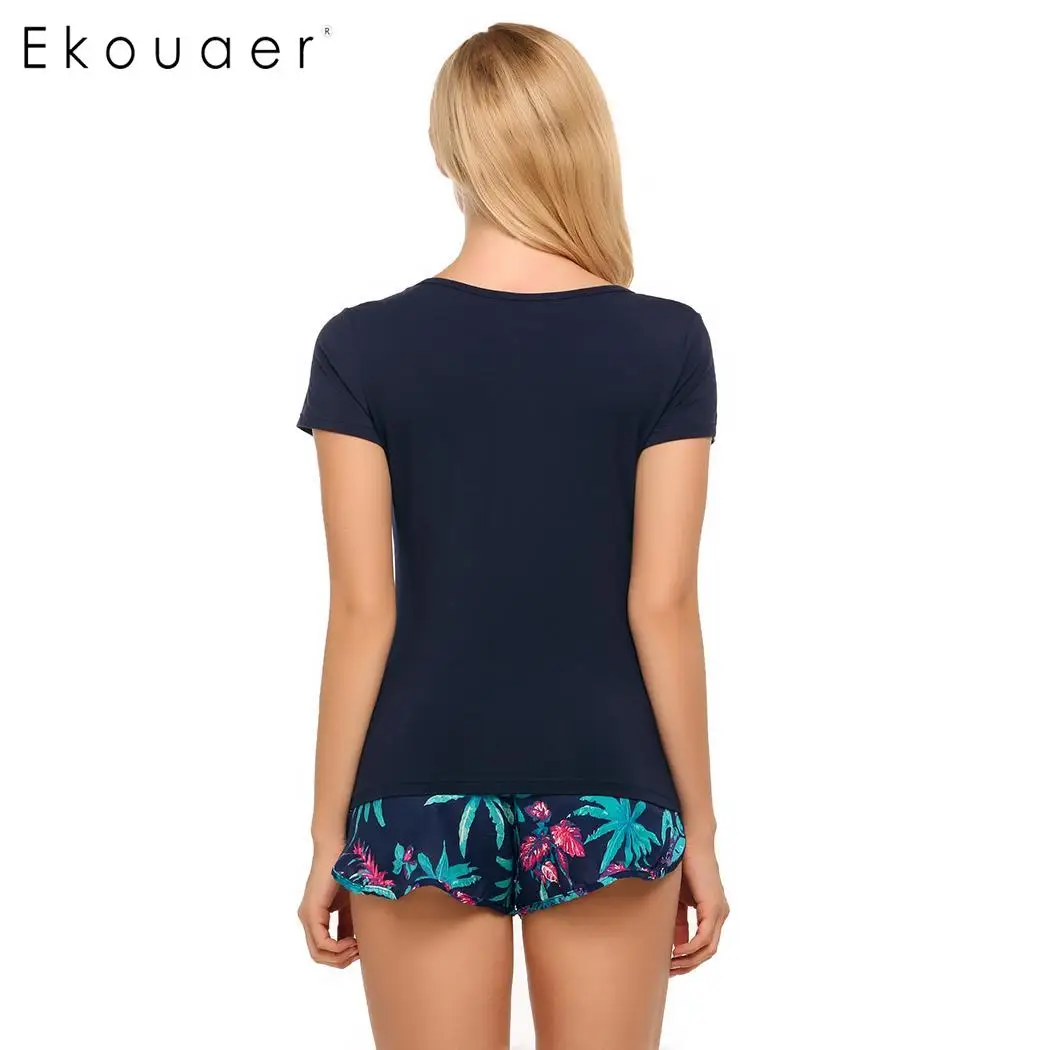 Ekouaer/женские пижамные комплекты из 100% хлопка пижамы с коротким рукавом и круглым