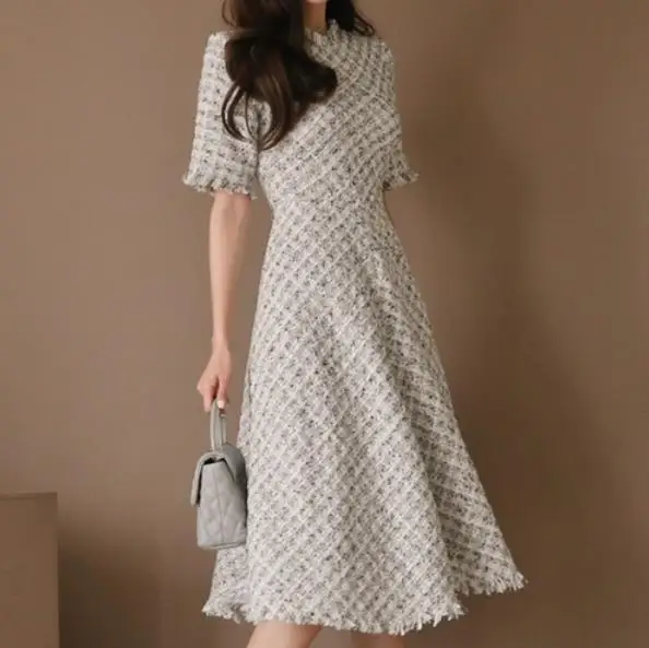 2019 Elegant Office Women Dress Tweed Vintage Short Sleeve Tassels Tunic Retro Lady Evening Party Midi Swing LM59 | Женская одежда