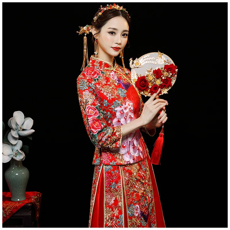 

New Fashion Noble Retro Chinese Women Bride cheongsam Dress Long Wedding Qipao Delicate Embroidery peacock cheongsam Size S-XXL