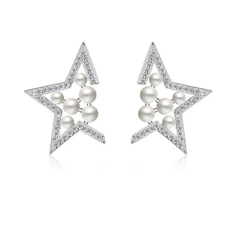 

Fashion 925 Silver Women Shiny Zircon Pearl Pentagram Stud Earrings For Lady Female Creative Party Earring Gift Jewelry ED291