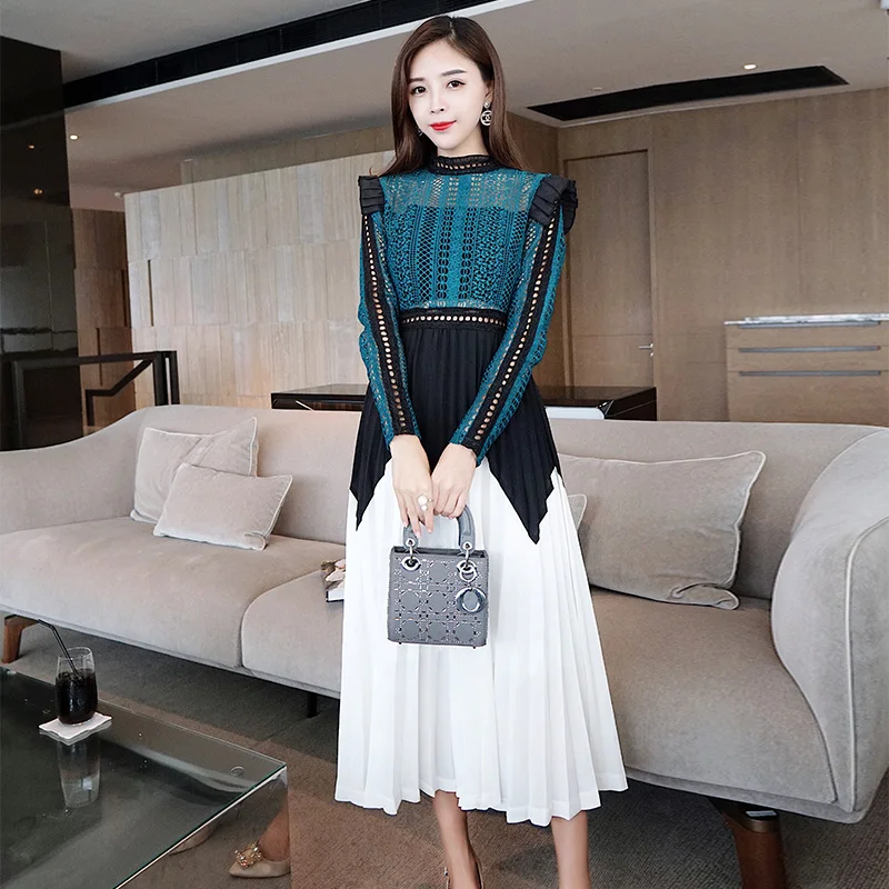 Autumn Self Portrait Lace Dress Runway Women Chiffon Patchwork Long Sleeve Pleated Sexy Crochet Hollow Out Party Dresses | Женская