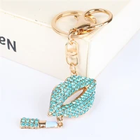 lovely blue lip lipstick pendant charm rhinestone crystal keyring key chain for handbag purse wedding party lover gift