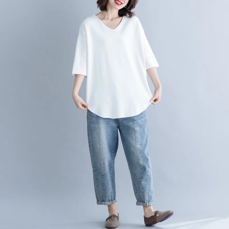 

Women Cotton T-shirt Bust : 115 cm New 2019 summer women V-Neck white t shirt women plus size Casual short sleeve shirt women
