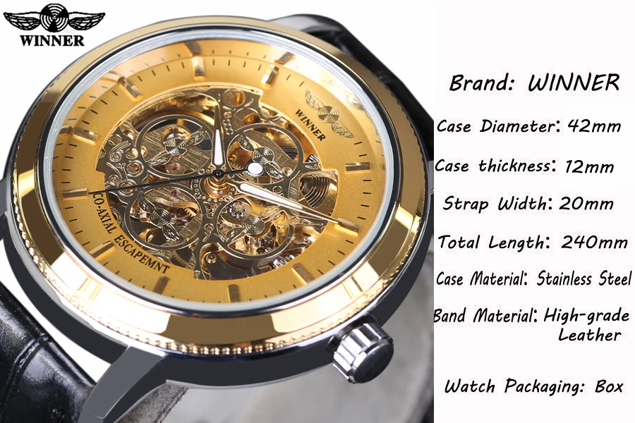 Часы наручные Winner Мужские механические дизайнерские аналоговые золотистые с