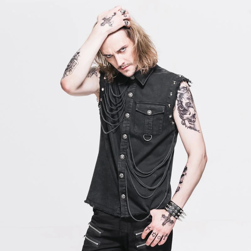 

Gothic Punk Black Sleeveless Blouses Men Unique Vintage Rock Male Summer Cotton Shirts Tops with Rivets D-Rings Pocket Slim Fit