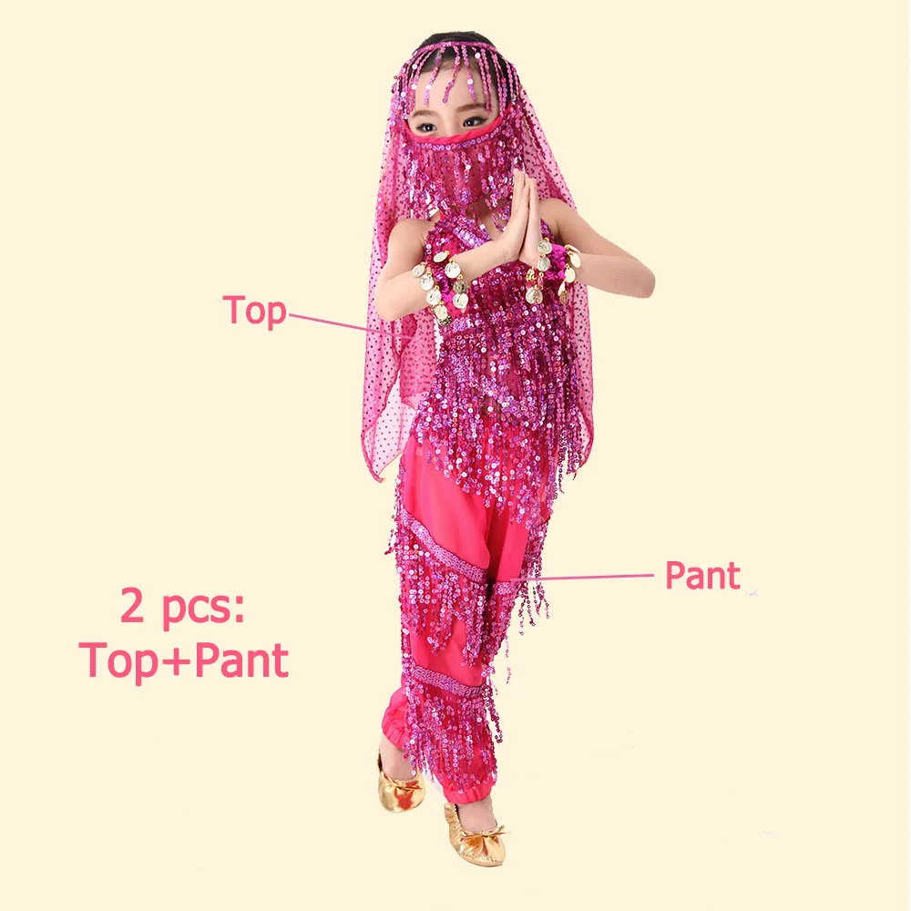 fushsia 2 pcs Детский танец живота комплект детская одежда для индийских танцев Детские костюмы танцевальный, ткань с блестками, с кисточками, сценический костюм комплект из 3 предметов, 6 шт - Цвет: fushsia 2 pcs