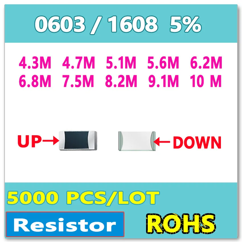 

JASNPROSMA 0603 J 5% 5000pcs 4.3M 4.7M 5.1M 5.6M 6.2M 6.8M 7.5M 8.2M 9.1M 10M smd 1608 OHM Resistor