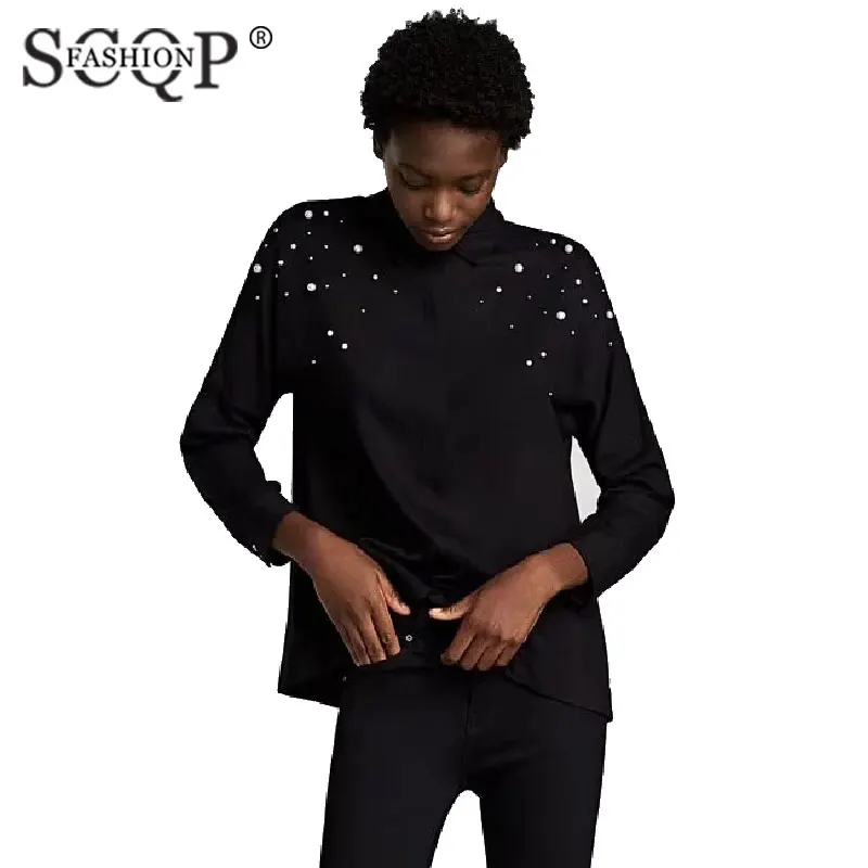 SCQP мода твердые Цвет жемчужные украшения с длинным рукавом Для женщин рубашка