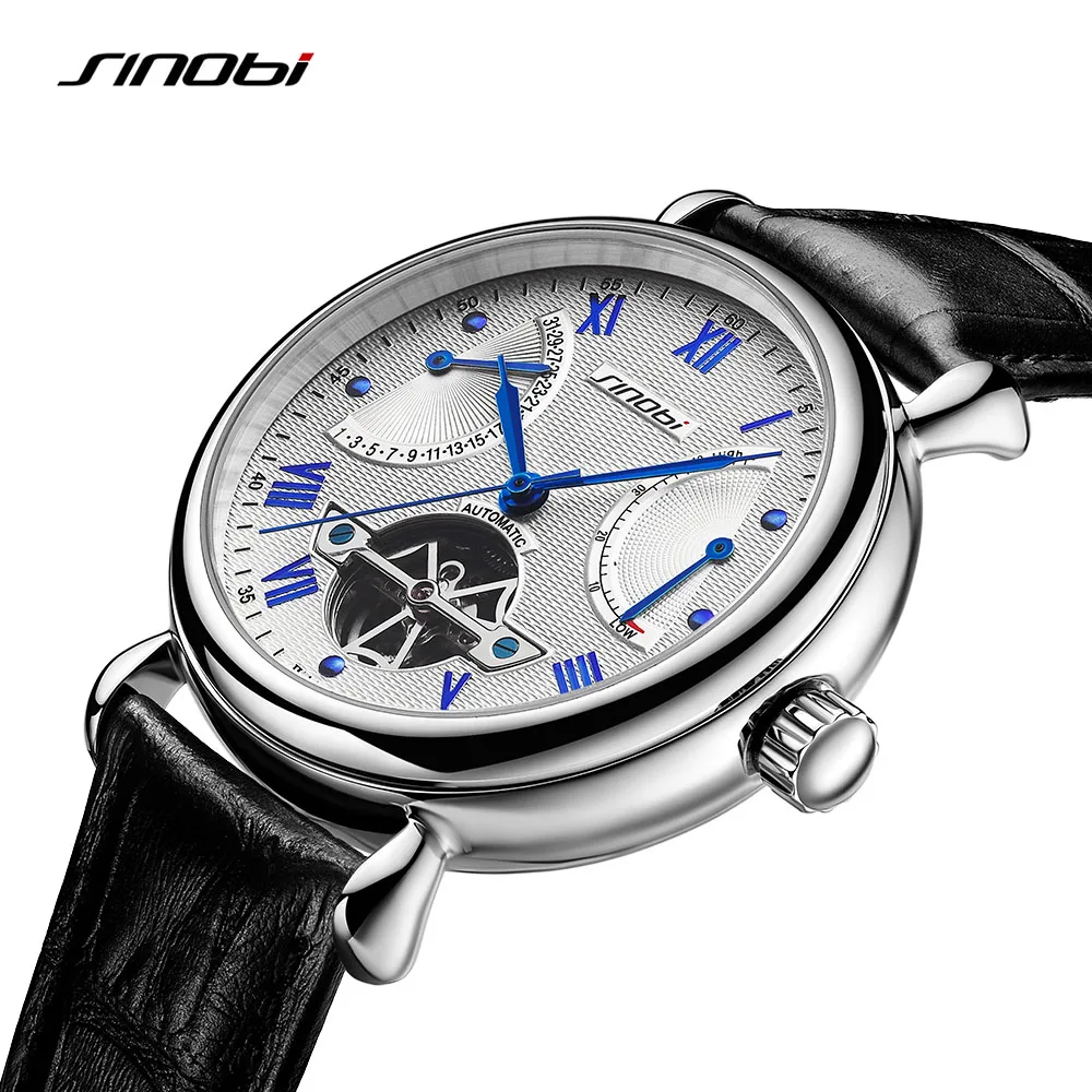 SINOBI Мужские автоматические механические часы Tourbillon Мужские скелетные наручные часы Подарочная коробка Стальные наручные часы Relojes Mecanicos