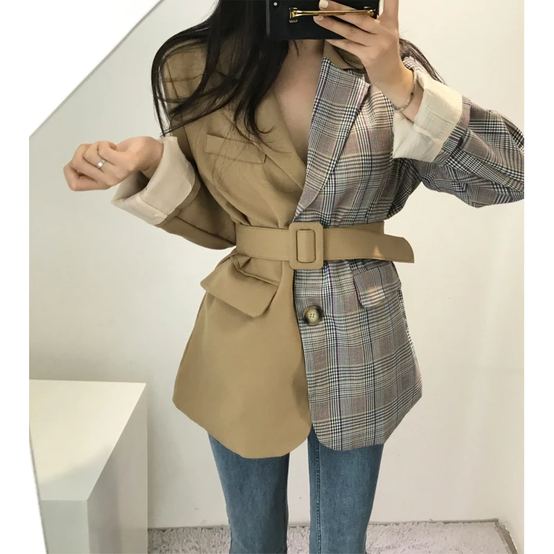 Женский блейзер GETSRING с поясом высокой талией в клетку разные цвета асимметричный
