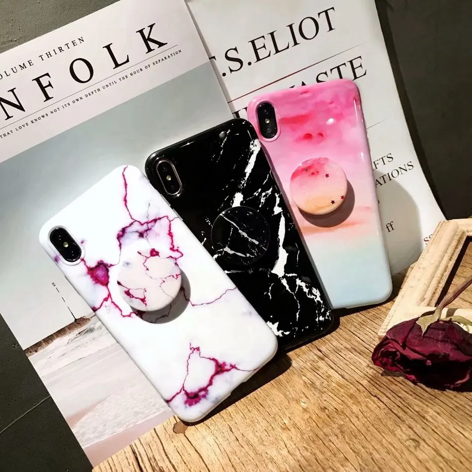For iPhone X XS Max XR Case Luxury Glossy Marble Veins Cover 7 6 8 Plus Granite Stone Stand Holder Soft TPU Cases |