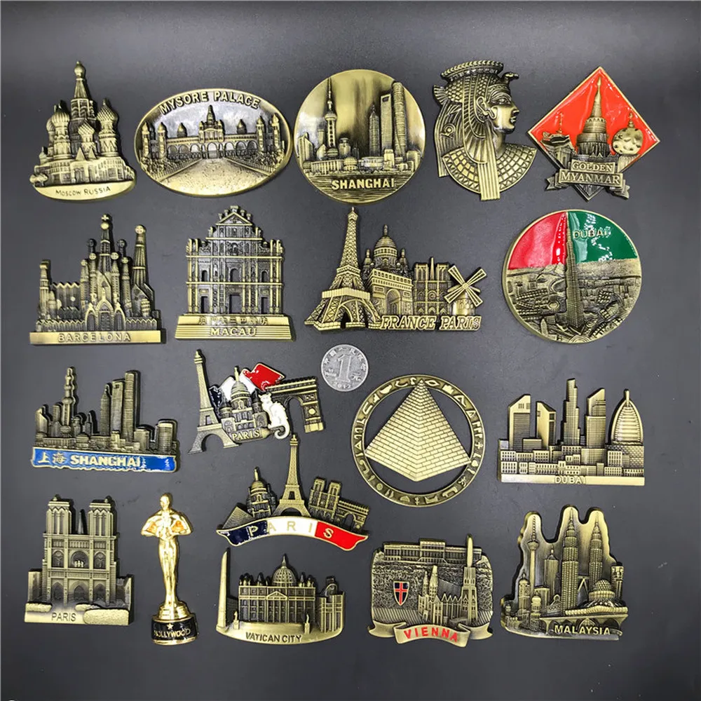 

BABELEMI Metal 3D Hollywood Egypt Paris Myanmar India Malaysia Barcelona Dubai Moscow Shanghai Macau Fridge Magnet Souvenir