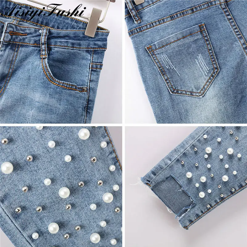 джинсы женские Рваные Capris Jeggings Тощий Эластичный Дамы джинсовой жемчуг кисточки
