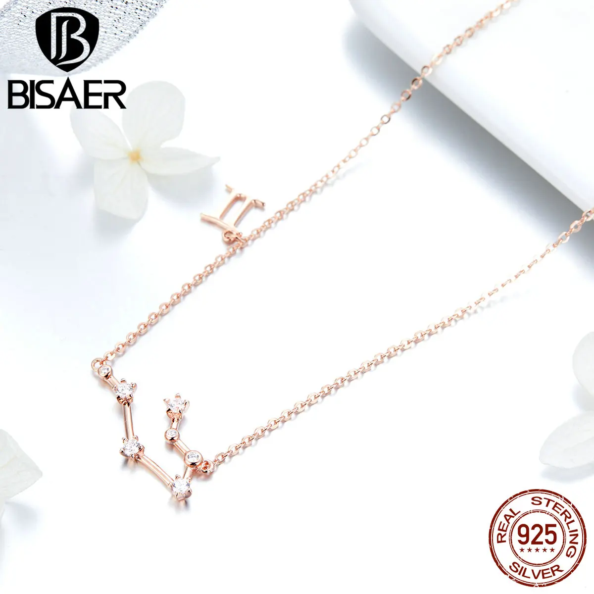 BISAER 12 серии созвездий 925 пробы Серебряное ожерелье с подвеской в виде зодиака для женщин ожерелье на цепочке подарок на день Святого Валентина GAN015
