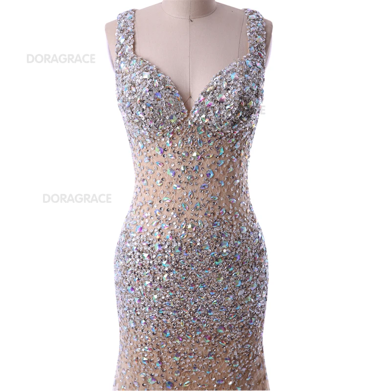 Doragrace Real Photo V Neck Side Split Open Back Evening Dresses Crystal Prom Gowns Beaded Mermaid Party | Свадьбы и торжества